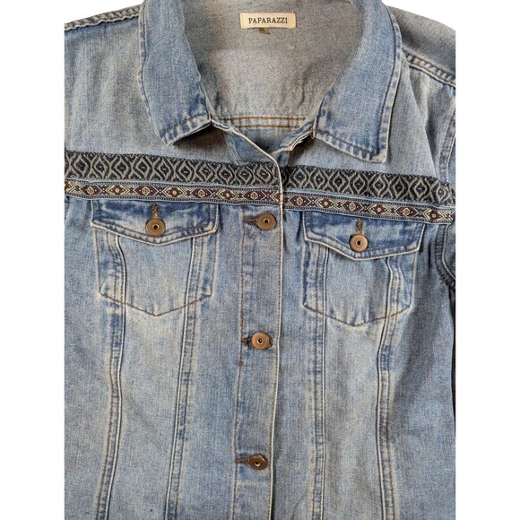 Paparazzi  Blue Jean Jacket, Embroidered Aztec 70s Style Women’s Sz XL - Picture 7 of 7